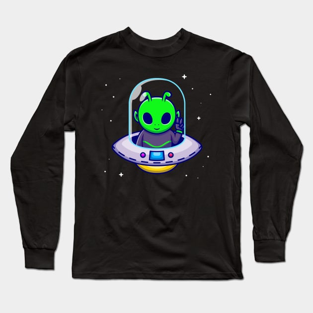 Cute Alien With Peace Hand In Spaceship UFO Cartoon Long Sleeve T-Shirt by Catalyst Labs